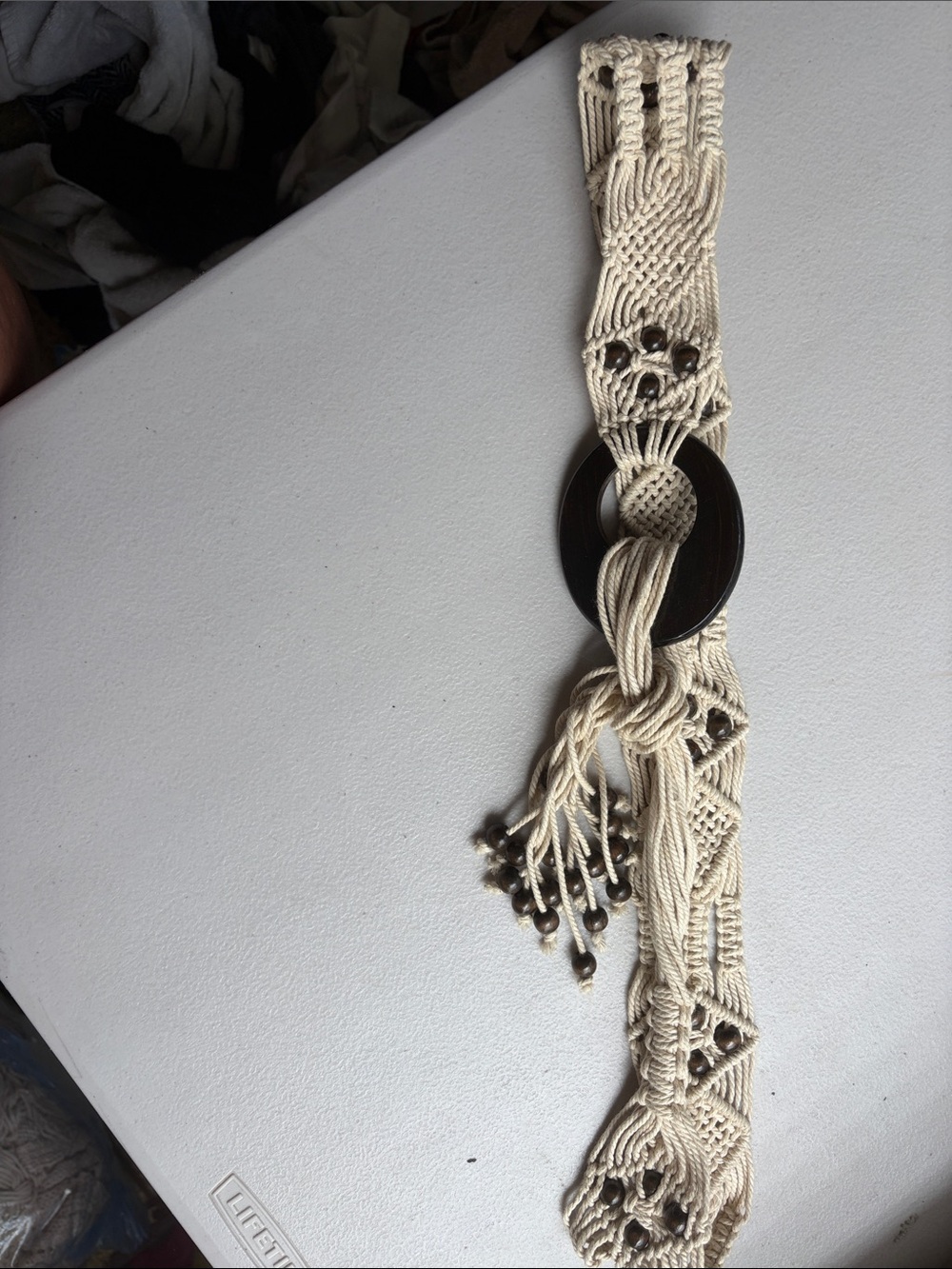 Boho Macramé Waist Belt with Dark Wood Ring - Cream